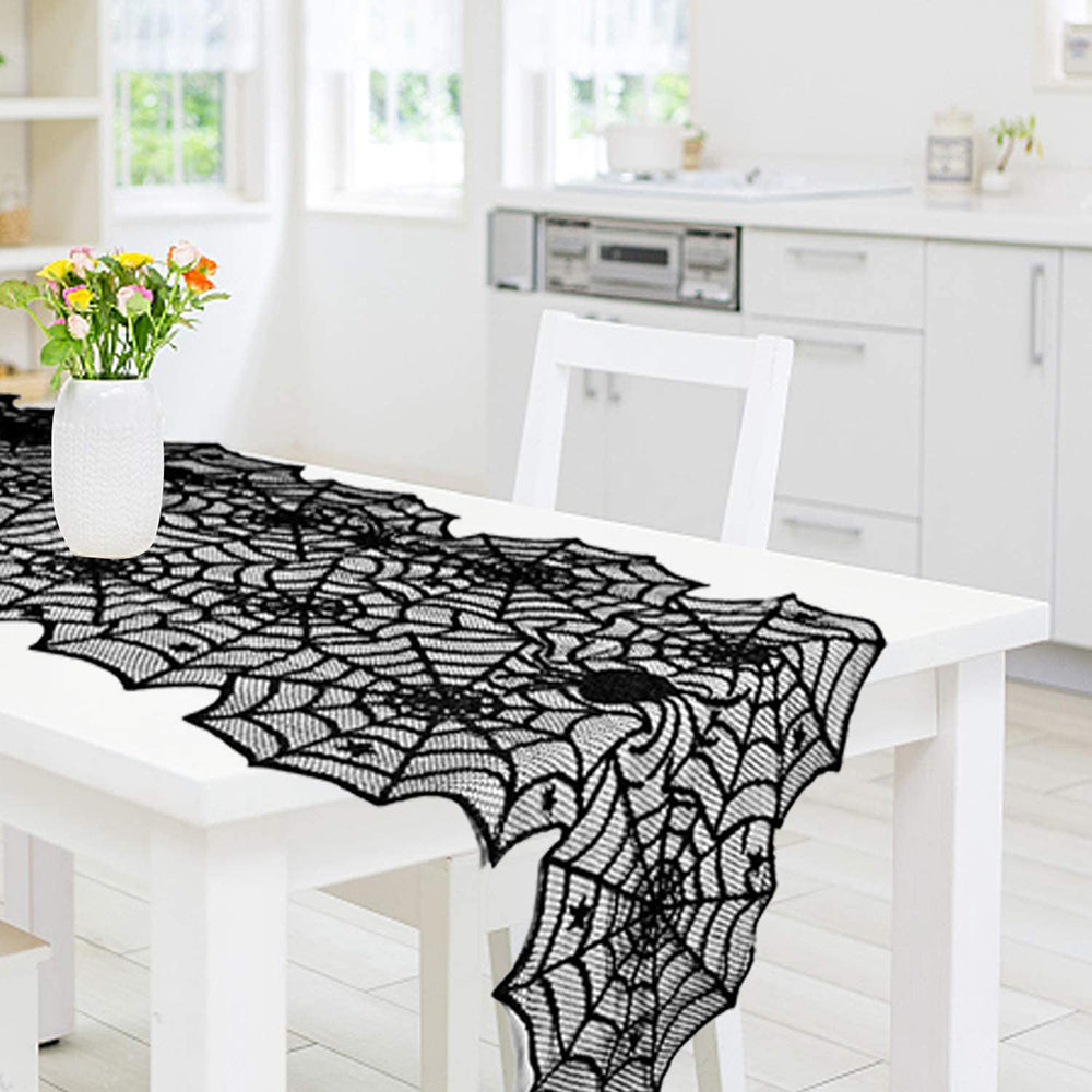 Spooky Spiderweb Black Lace Scarf & Runner Set