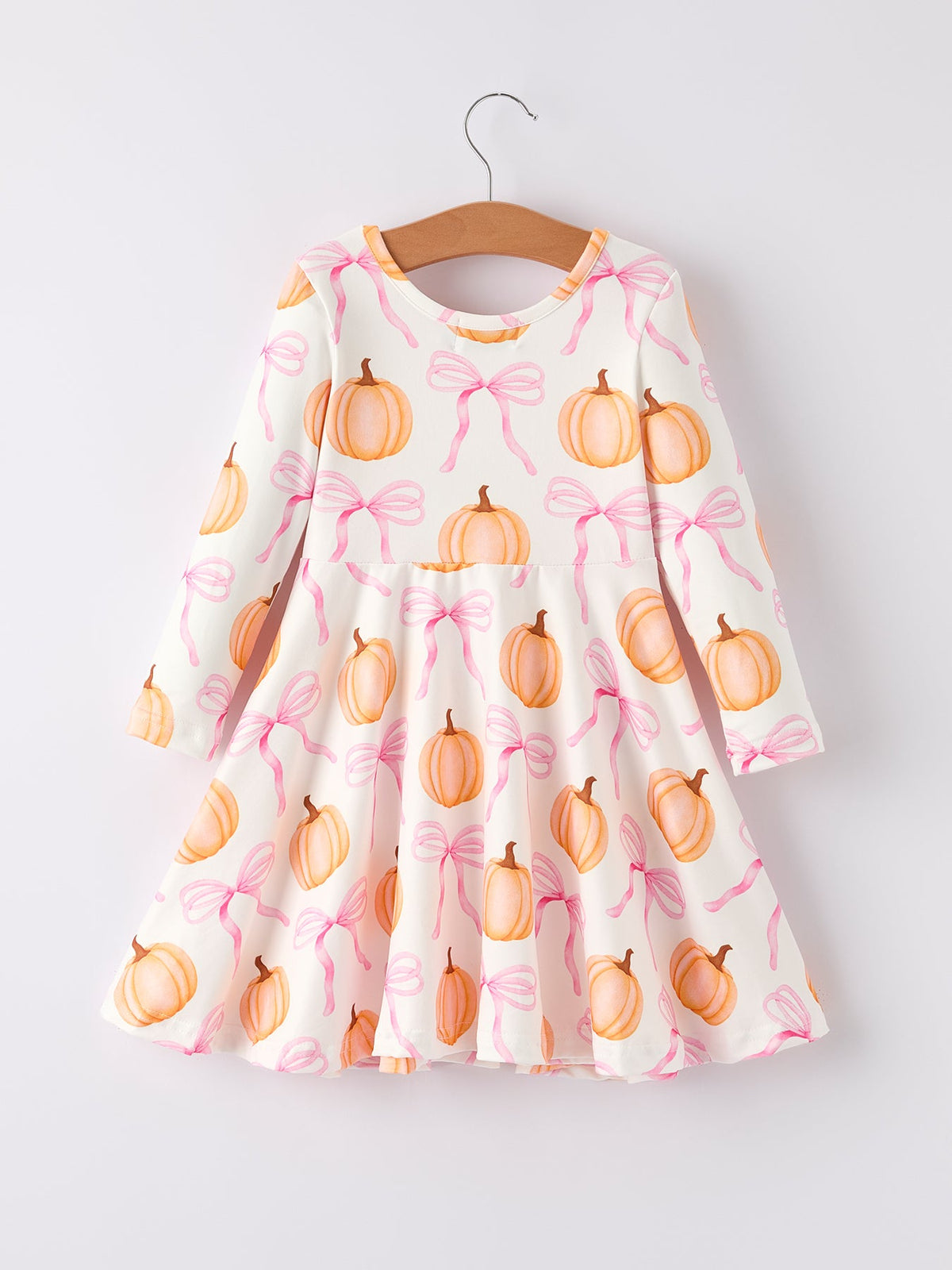 Pumpkin Bow Print Long Sleeve Dress