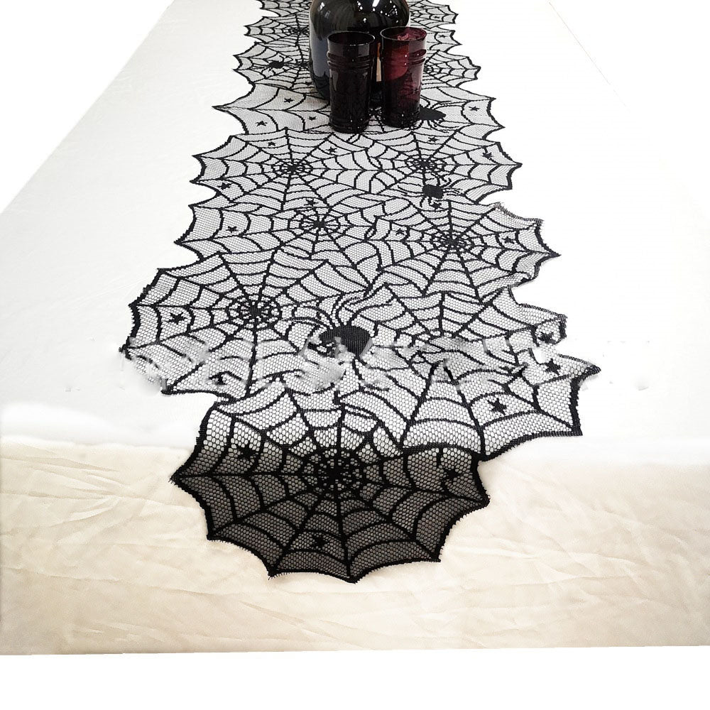 Spooky Spiderweb Black Lace Scarf & Runner Set