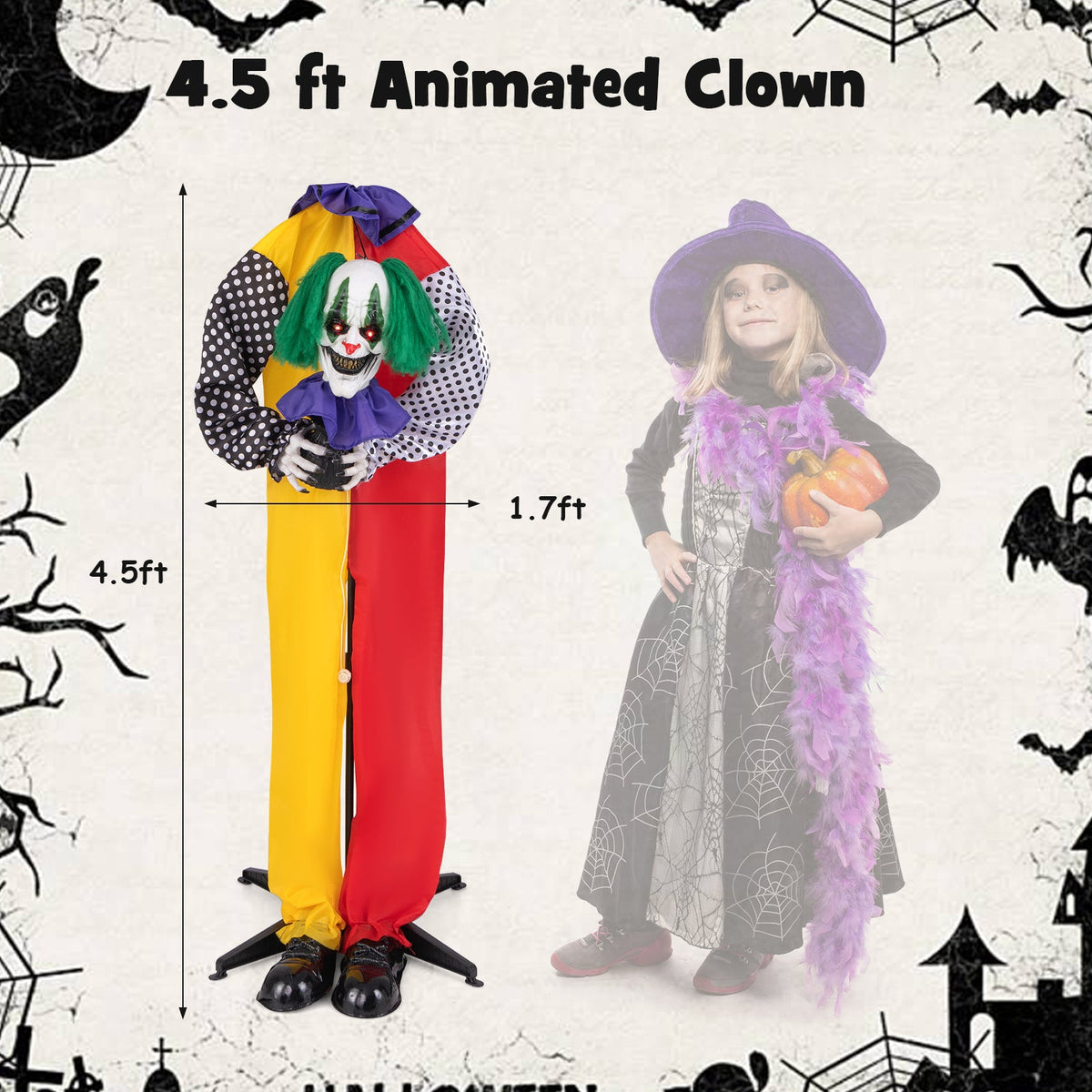 Spooky 4.5ft "Grins" the Talking Killer Clown Animatronic