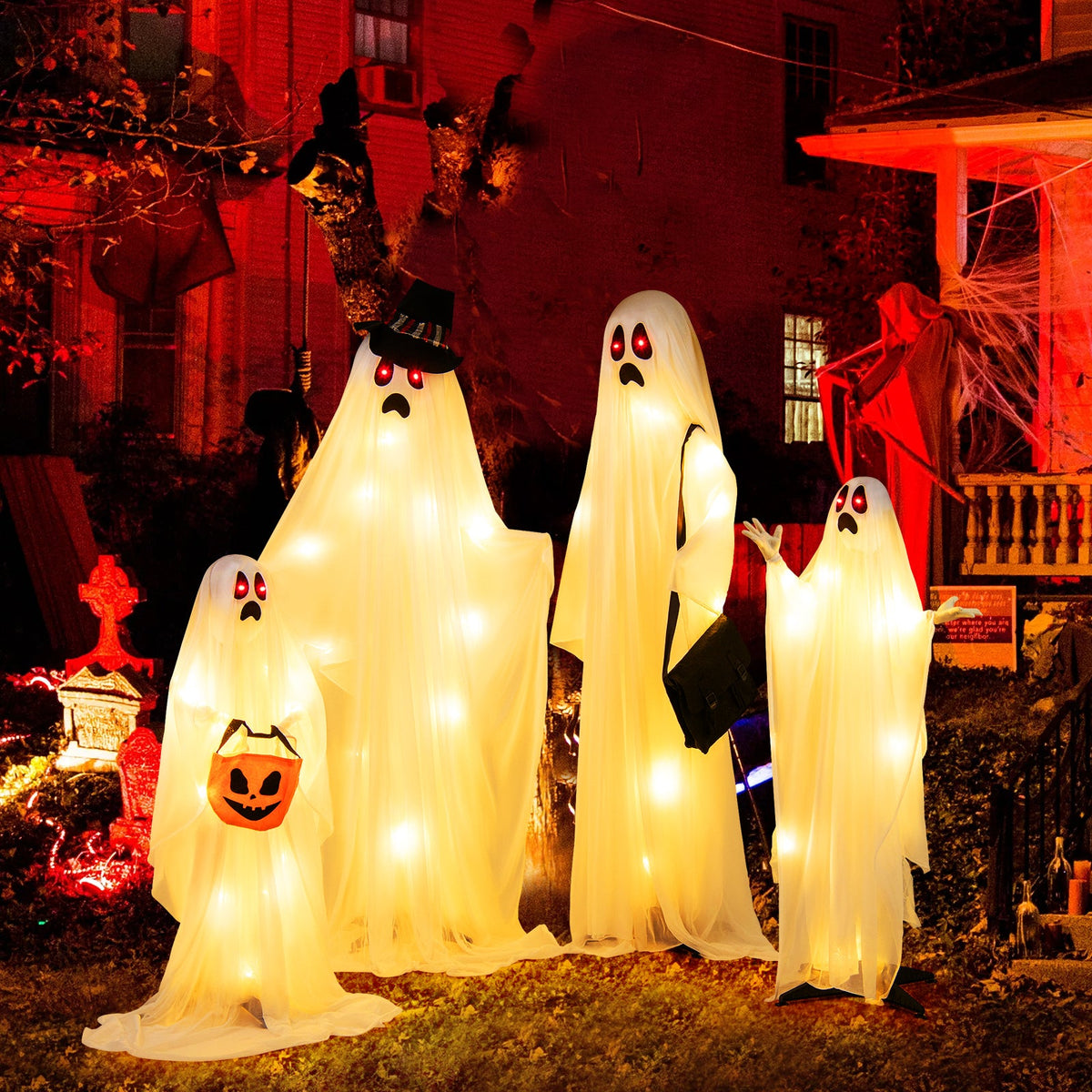 Light-Up White Cloth Ghost Family (4-Piece Set)