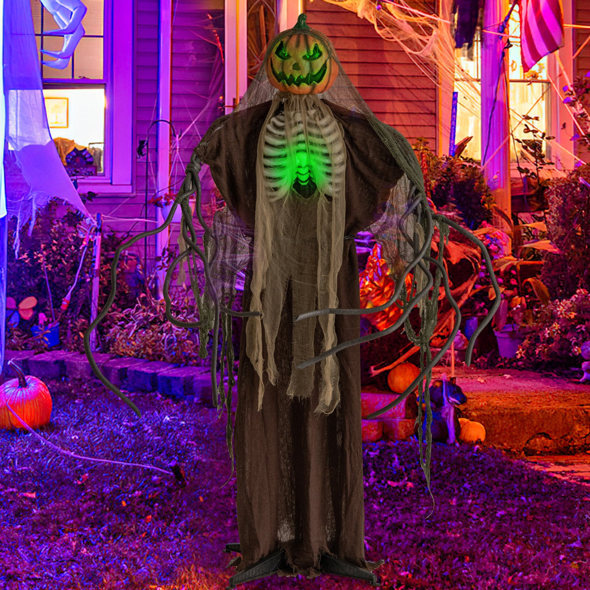6 Feet Halloween Animatronics Light Up Talking Ghost Pumpkin with Glowing Ribs and Moving Head