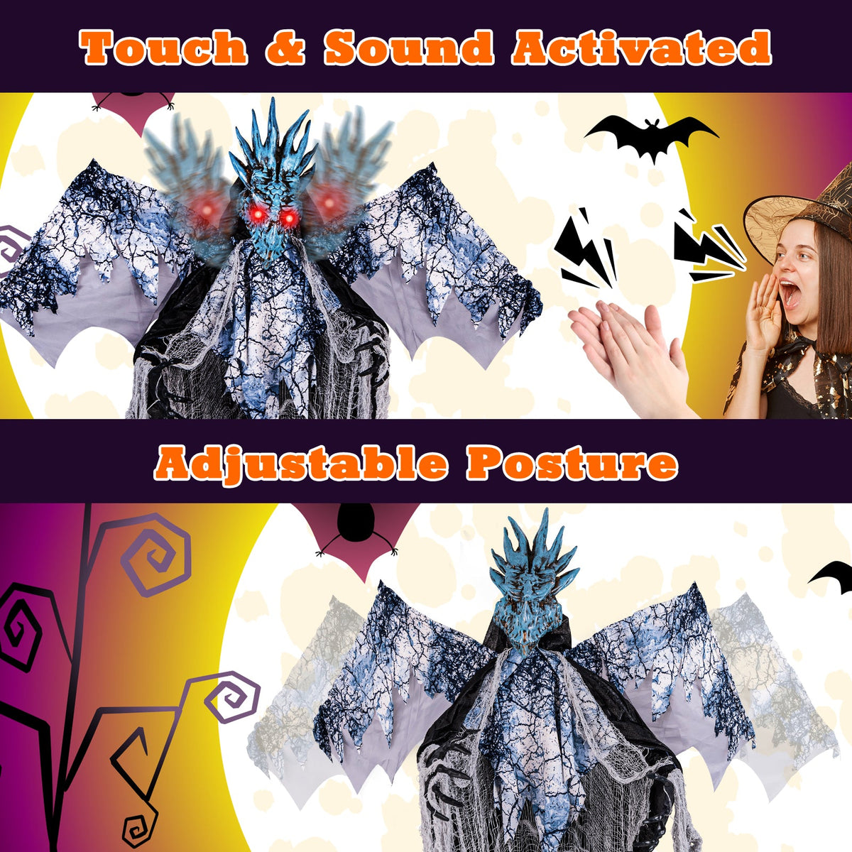 6ft Halloween Animatronic Decoration with Light Up Eyes Posable Wings and Arms