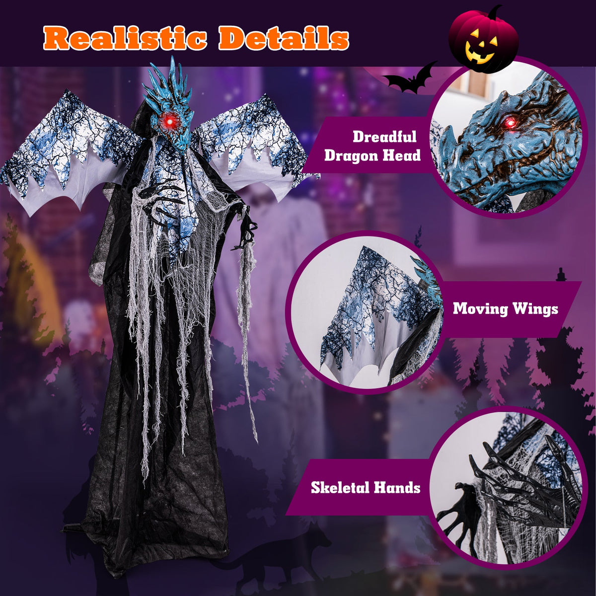 6ft Halloween Animatronic Decoration with Light Up Eyes Posable Wings and Arms