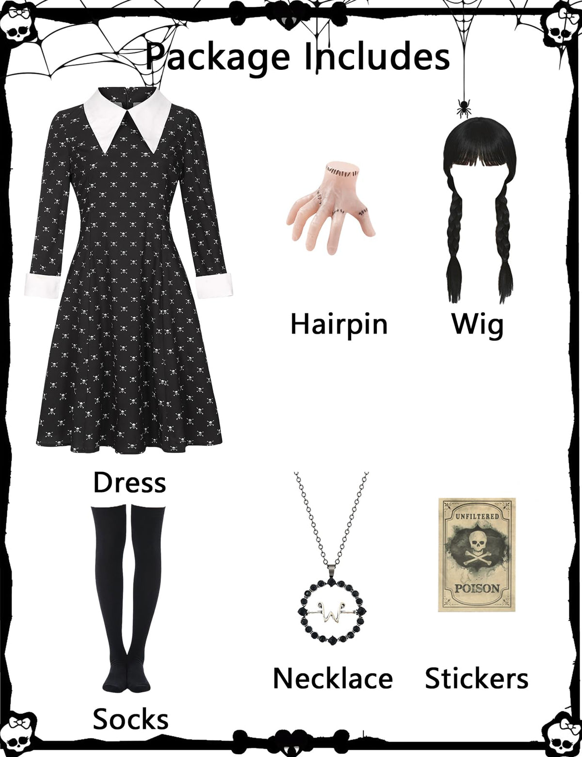 Black Dress Halloween Costume with Wig and Accessories
