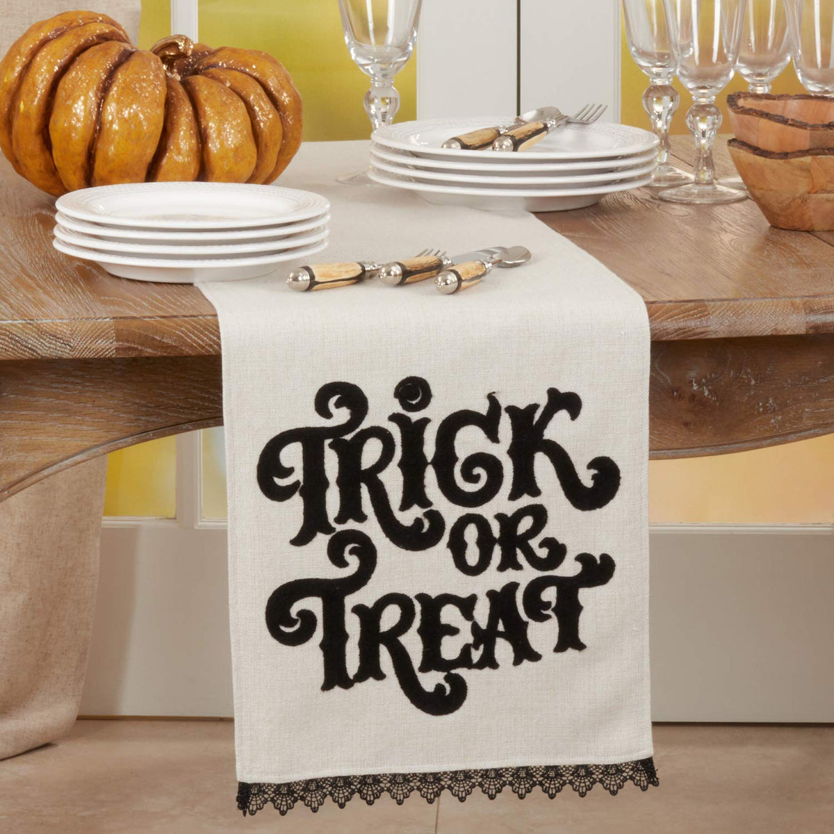 TRICK OR TREAT Table Runner with Lace Edge Design 14" W x 72"