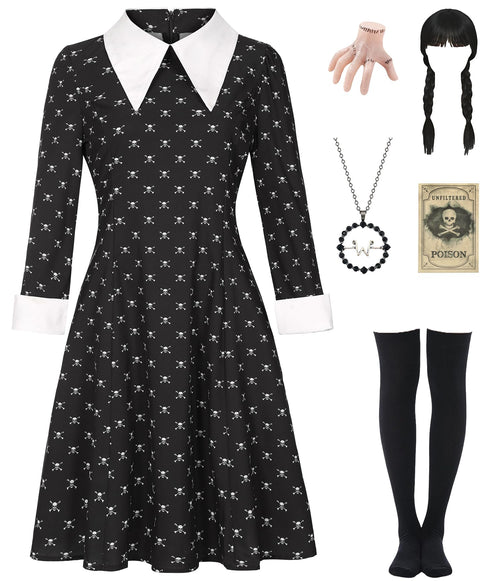 Black Dress Halloween Costume with Wig and Accessories