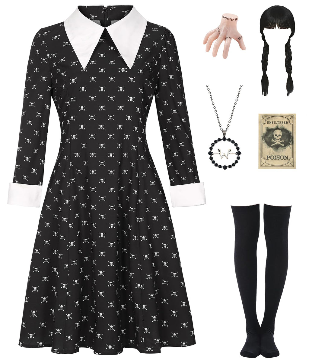 Black Dress Halloween Costume with Wig and Accessories