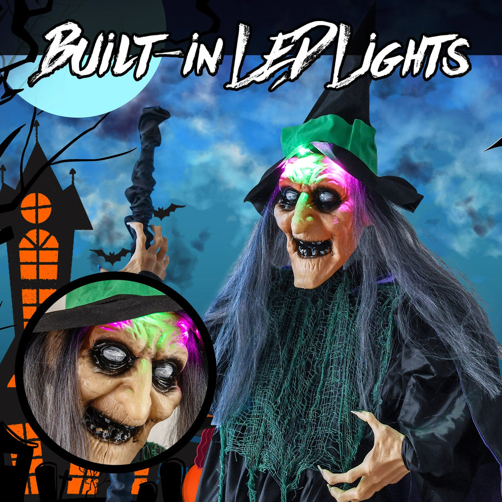 7 Feet Witch on Broom Halloween Animatronic with LED Lights
