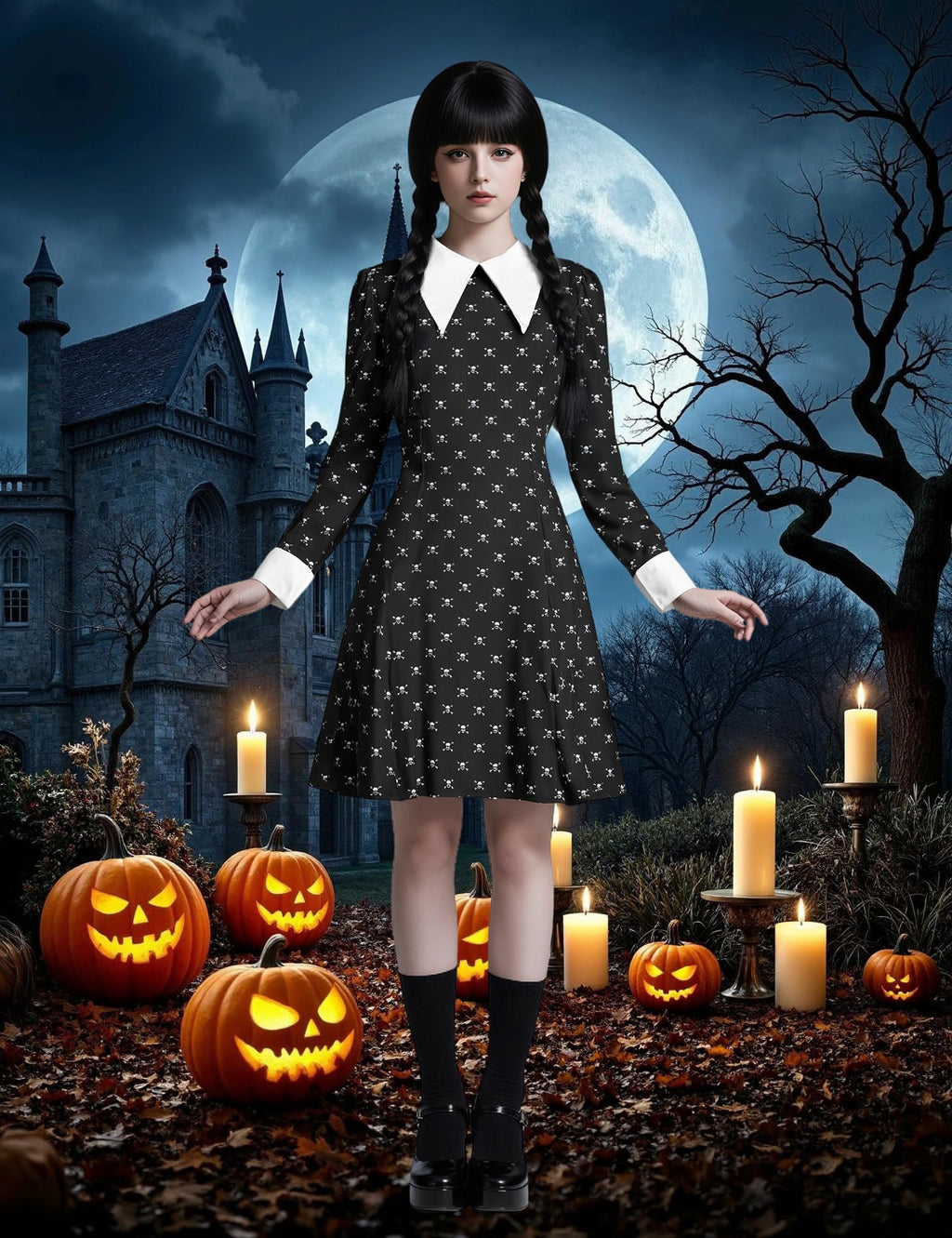 Black Dress Halloween Costume with Wig and Accessories