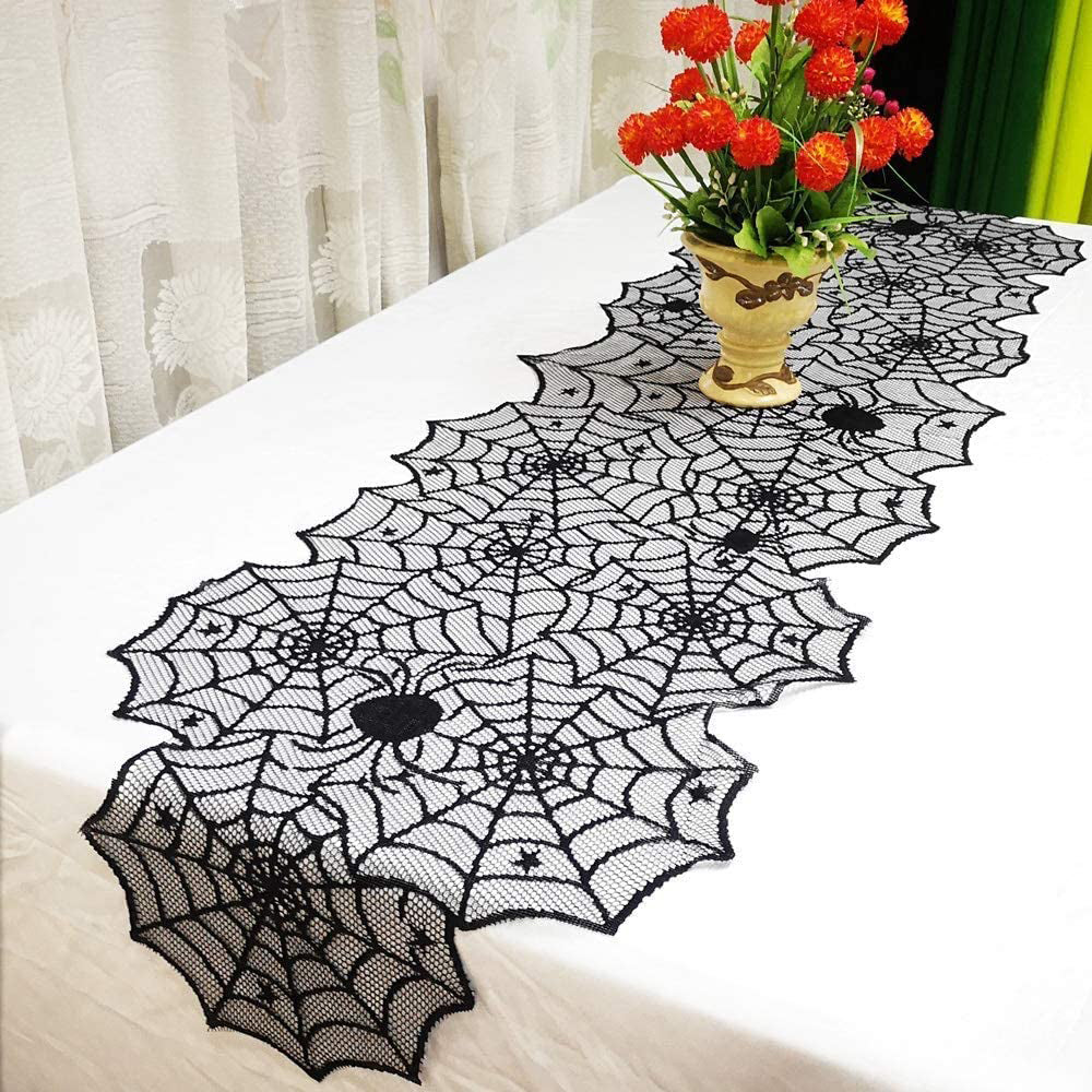 Spooky Spiderweb Black Lace Scarf & Runner Set