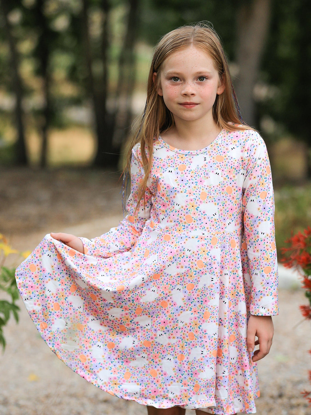 Halloween Ghost Print Girls Twirl Dress Long Sleeve