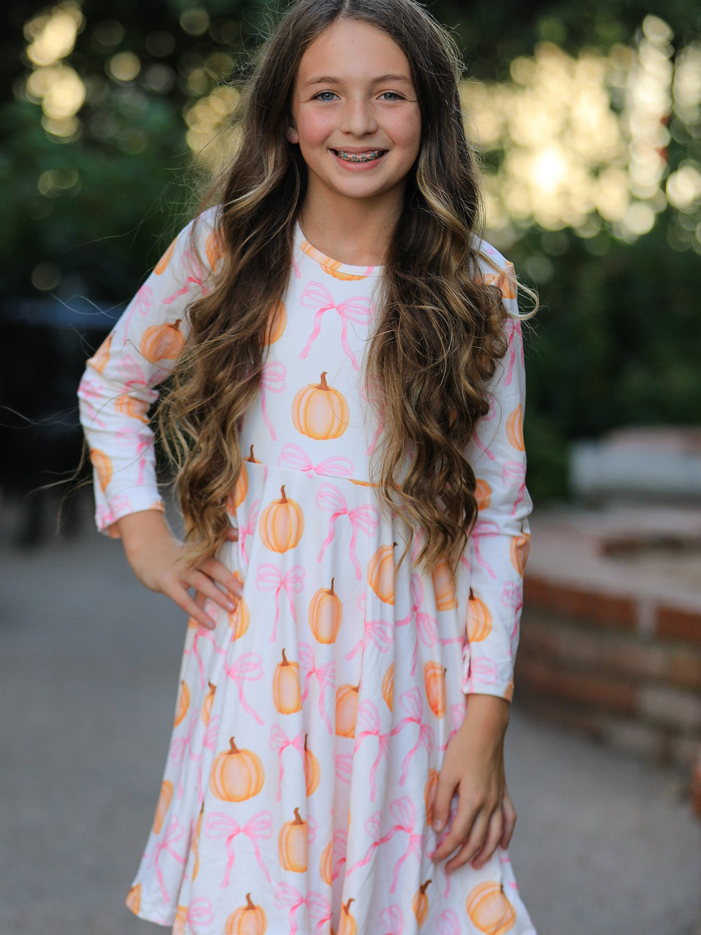 Pumpkin Bow Print Long Sleeve Dress