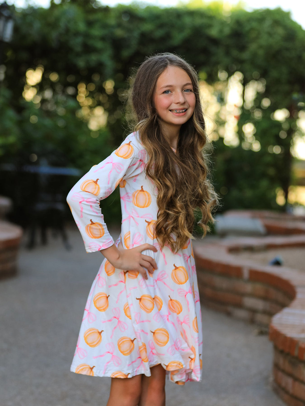 Pumpkin Bow Print Long Sleeve Dress