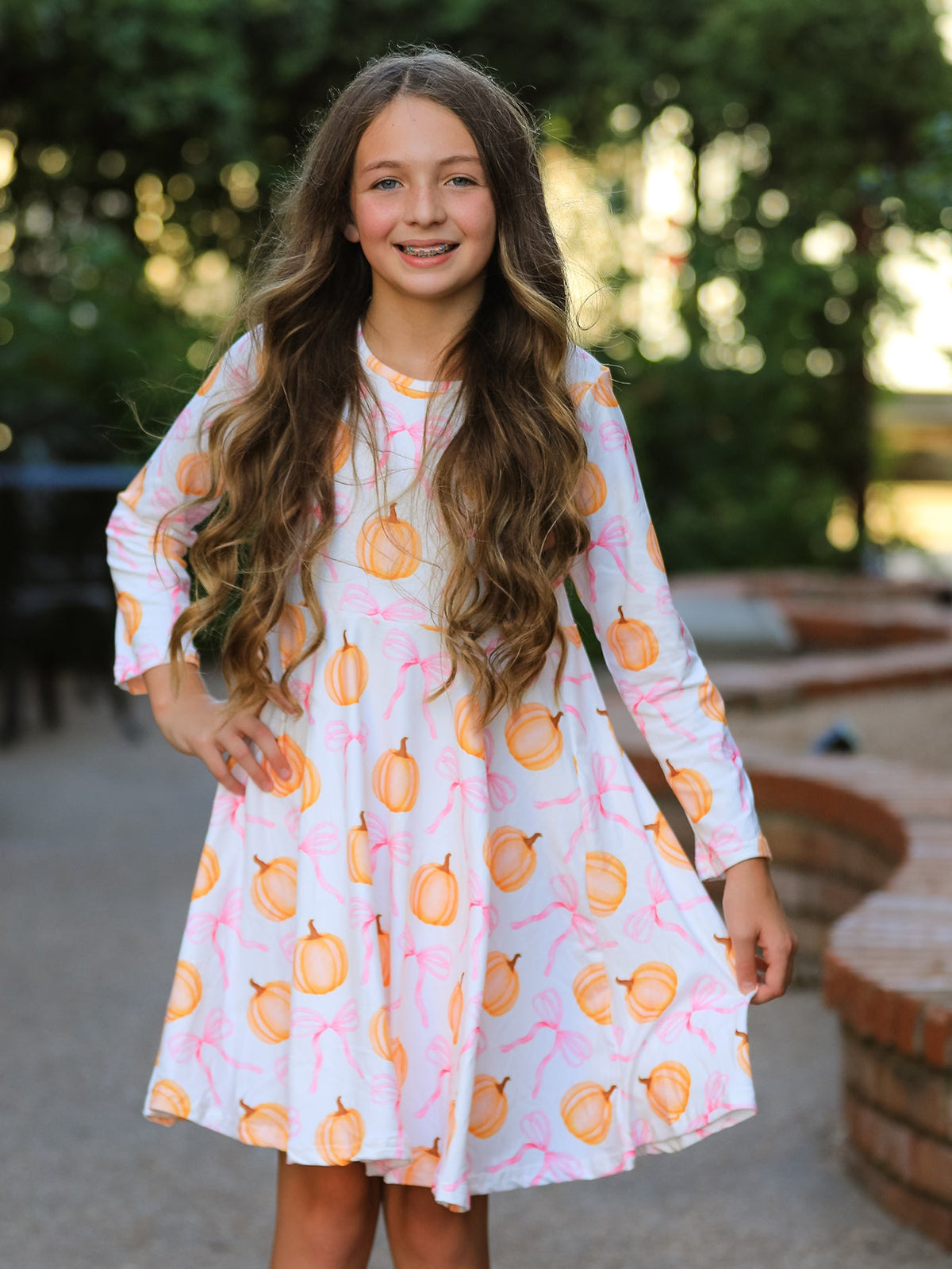 Pumpkin Bow Print Long Sleeve Dress