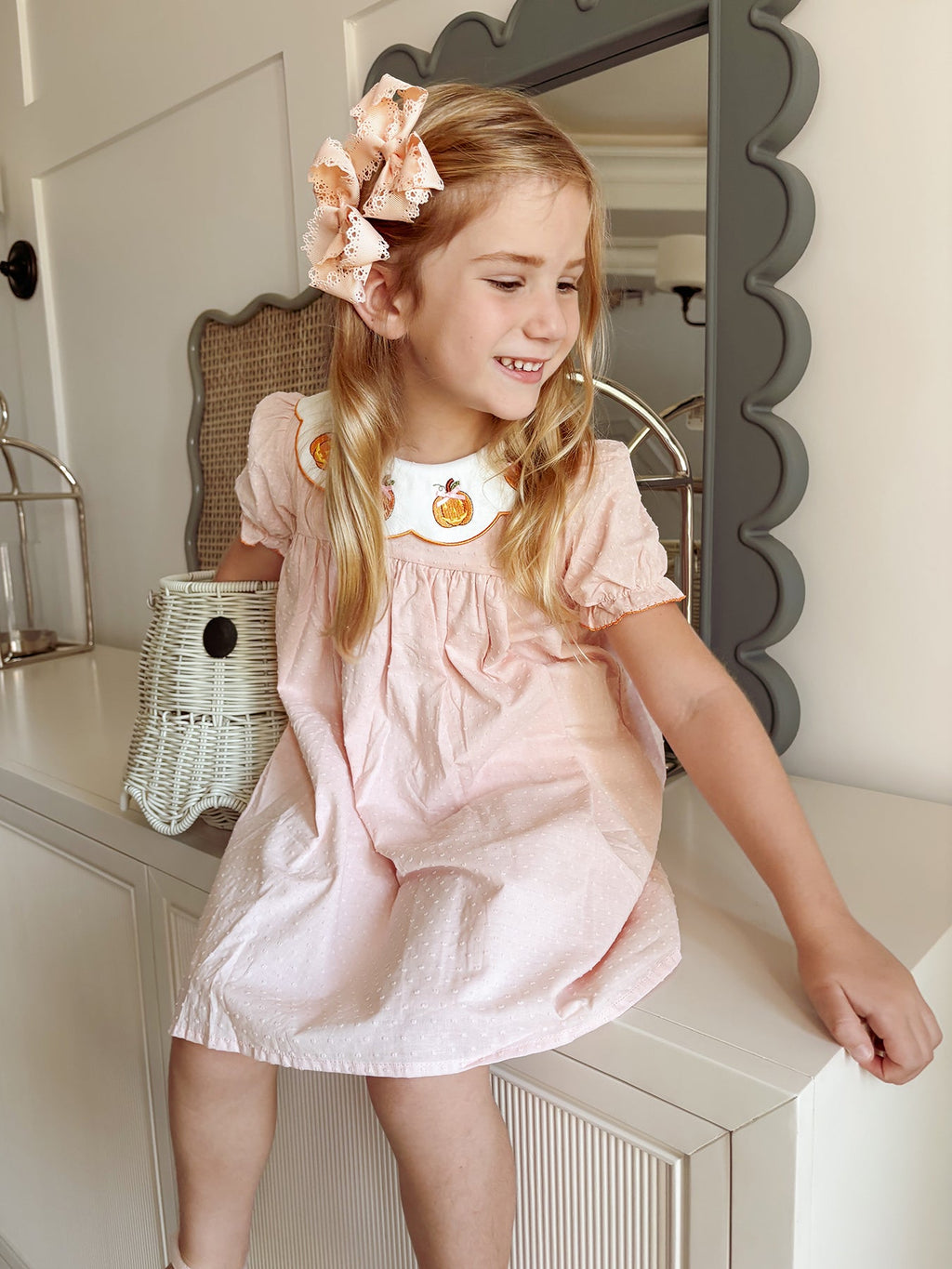 Halloween Pumpkin Applique Girls Puff Sleeve Dress