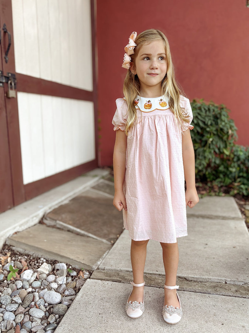 Halloween Pumpkin Applique Girls Puff Sleeve Dress