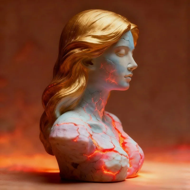 Spooky "Blazing Maiden" Cracked Gothic Statue Lamp