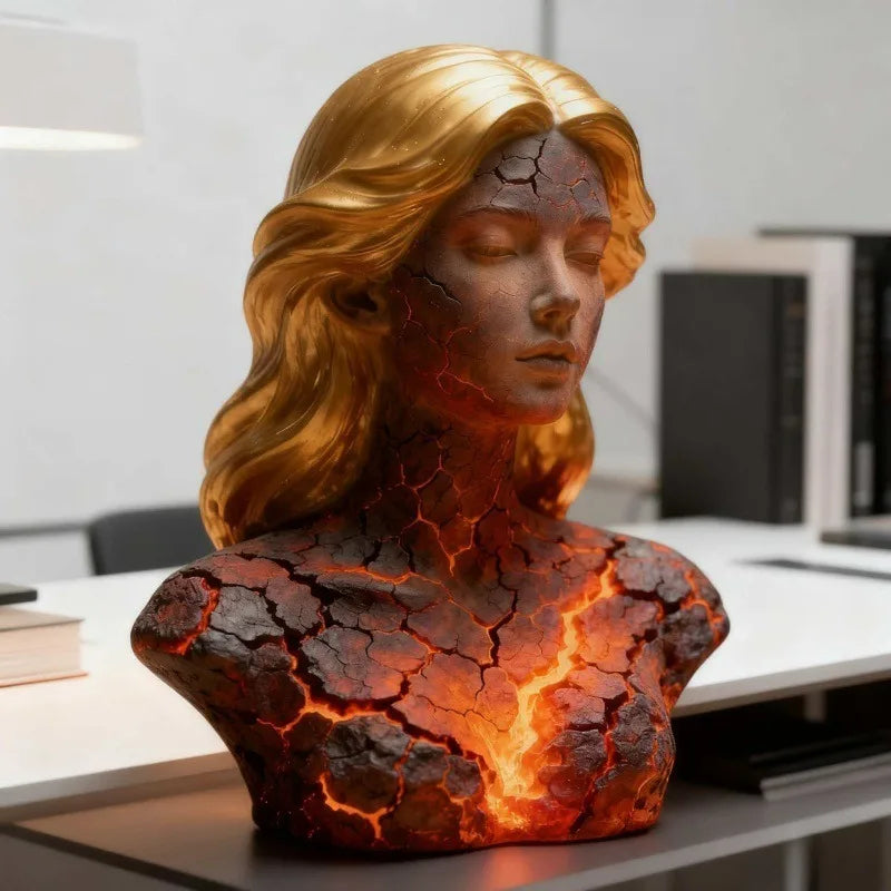 Spooky "Blazing Maiden" Cracked Gothic Statue Lamp