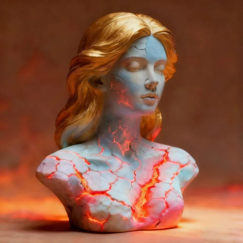 Spooky "Blazing Maiden" Cracked Gothic Statue Lamp