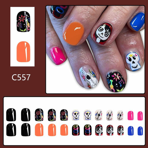 CEWEWP Halloween Press On Nails Short Square Acrylic Black Skull 24pcs